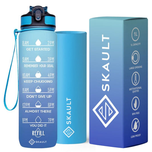 SKAULT - 1L Tritan Motivational Water Bottle with Time Markers and Straw, BPA-Free